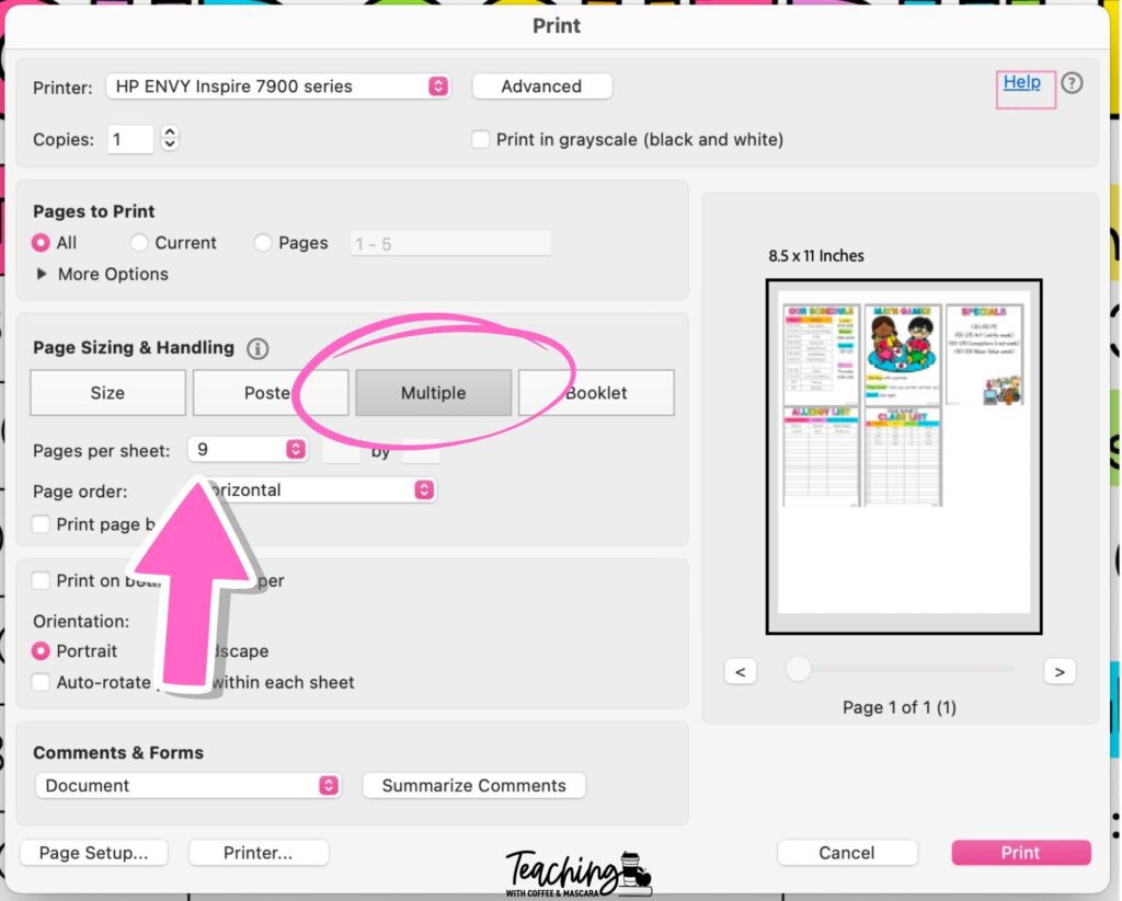 a print preview window showing the multiple option selected with pages per sheet set at 9