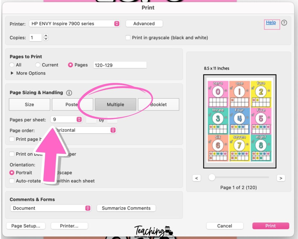 a print preview window showing the multiple option selected with pages per sheet set at 9