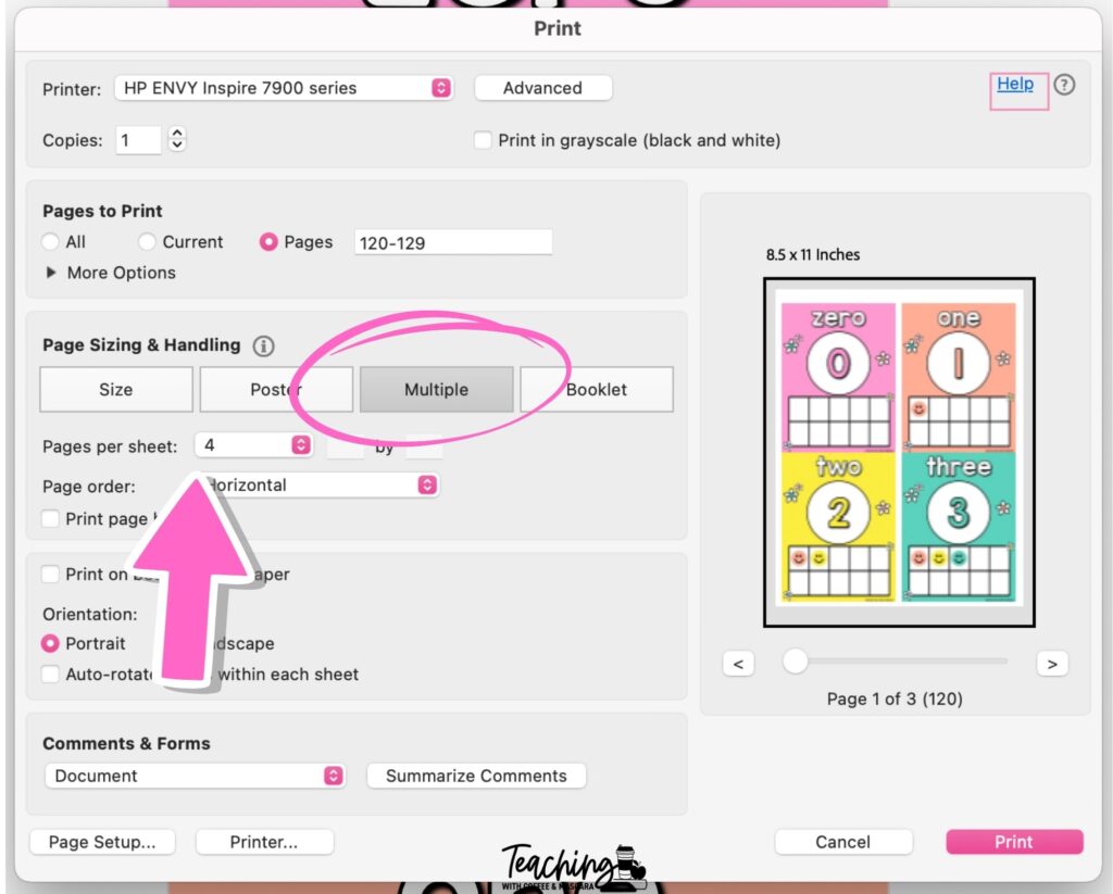 a print preview window showing the multiple option selected with pages per sheet set at 4