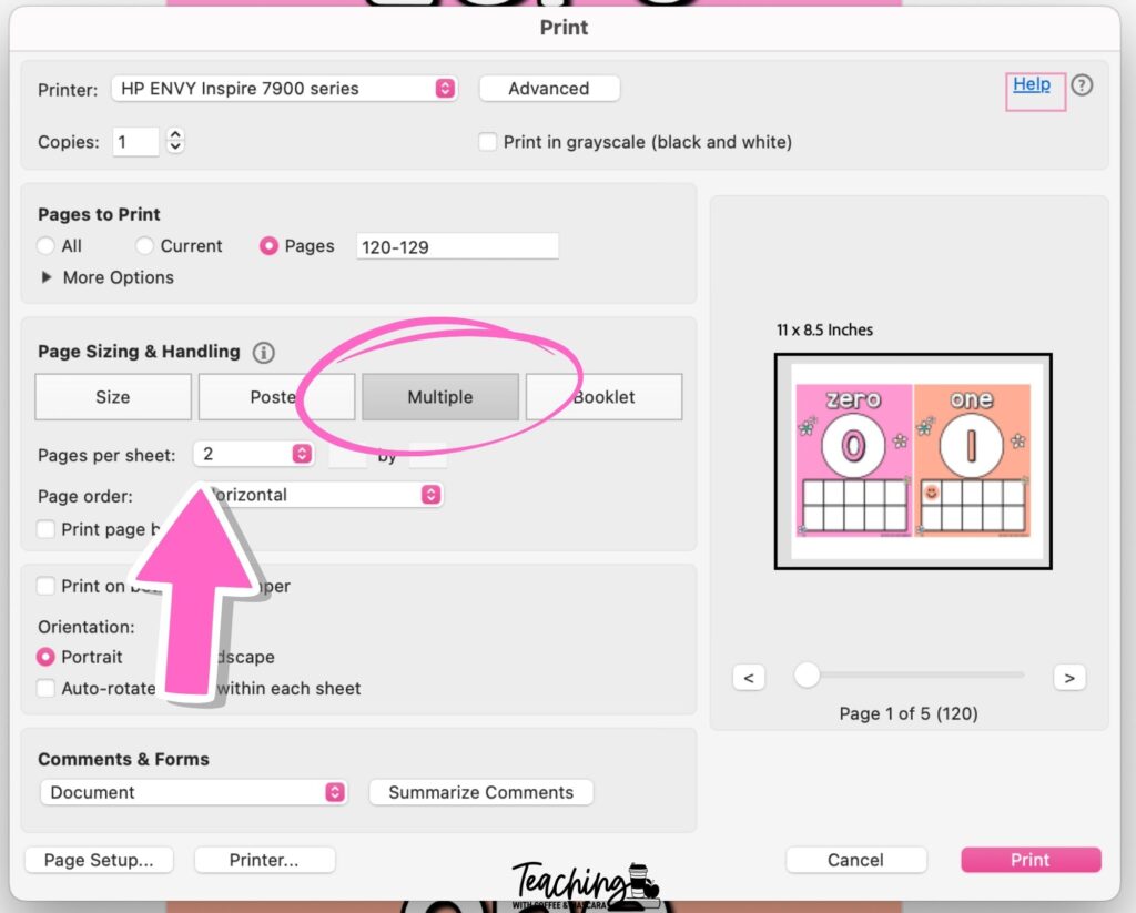 a print preview window showing the multiple option selected with pages per sheet set at 2