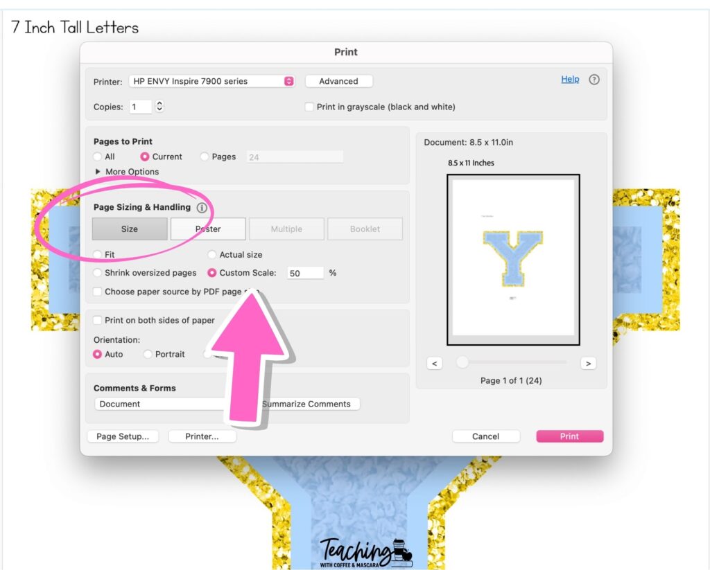 a print preview window showing the size selected and then custom scale to print smaller
