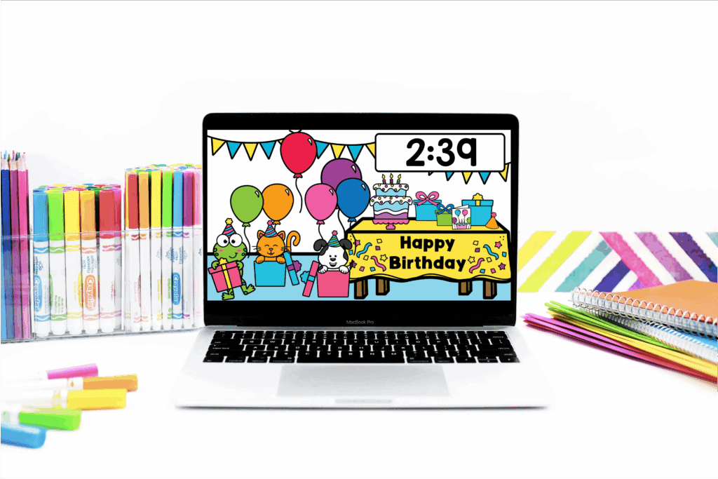 a visual timer that shows a countdown of 2 mintues and 39 seconds with balloons floating up