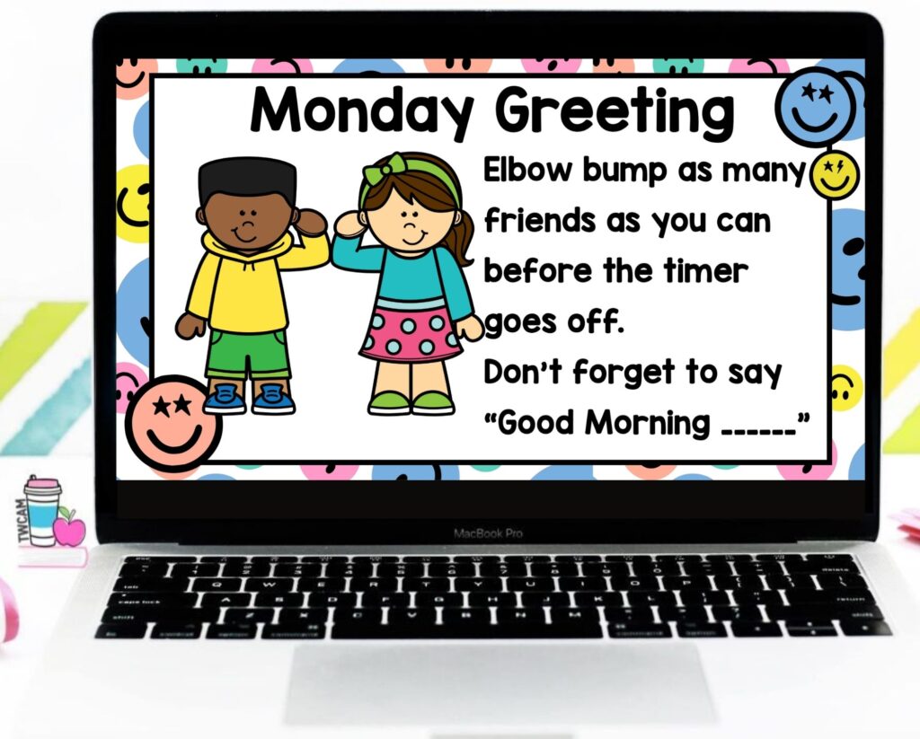 a morning meeting slide showing a morning greeting where students do an elbow bump