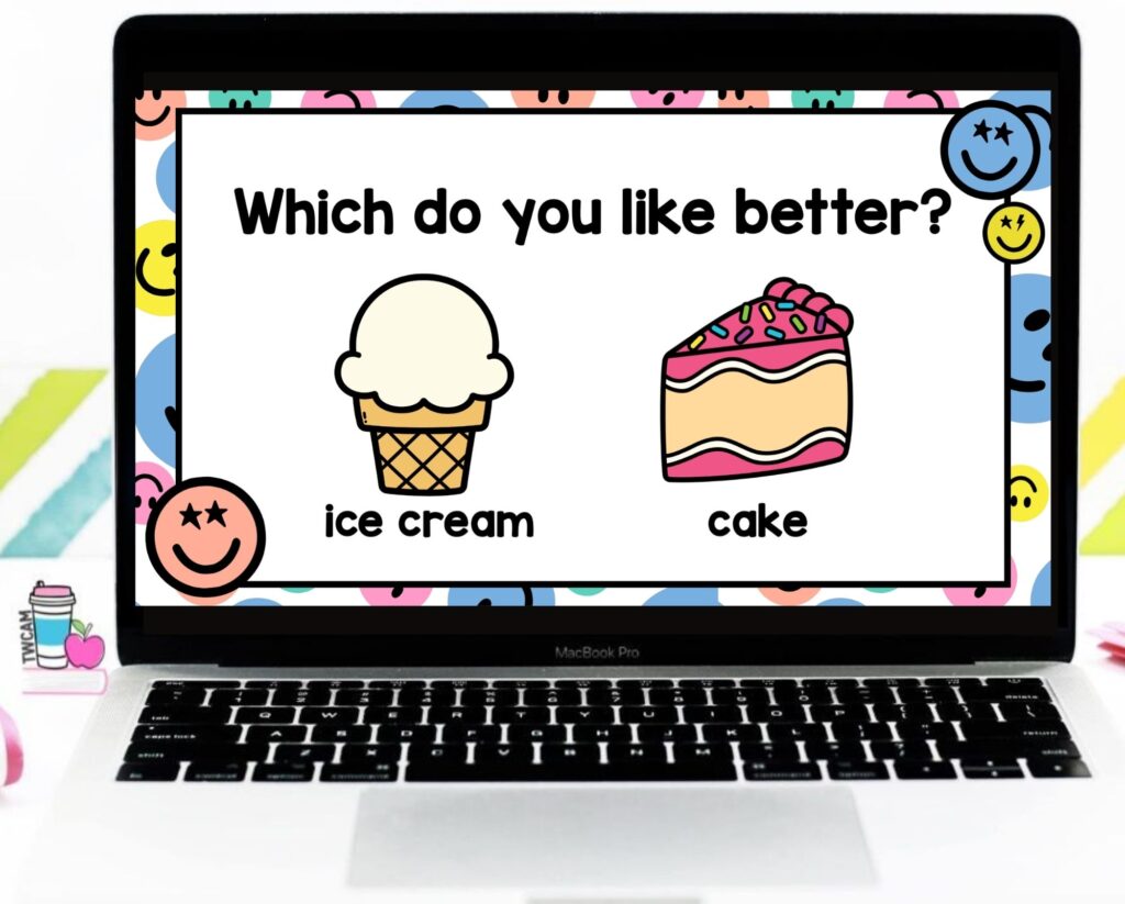 a slide with an ice cream and a slice of cake with a question that says which do you like better