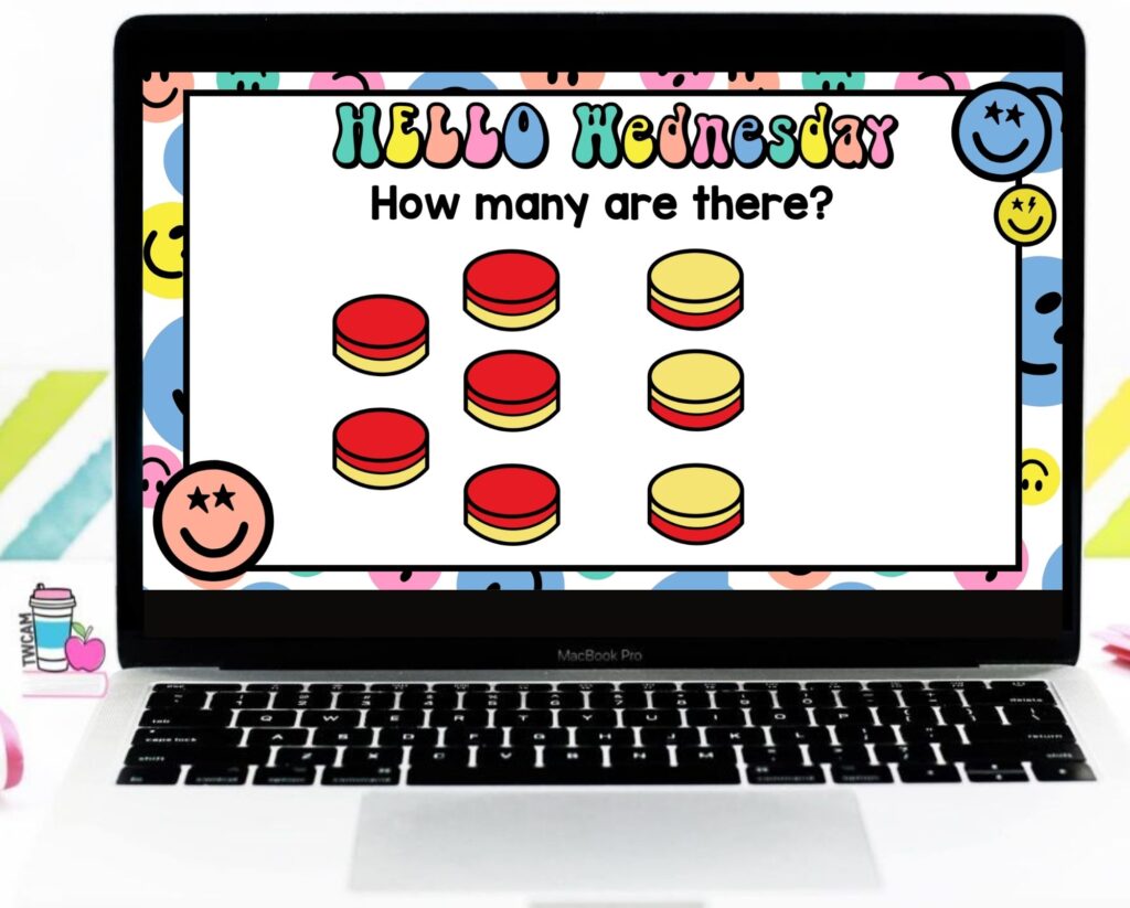 a computer slide with 5 red dots and 3 yellow dots asking how many are there