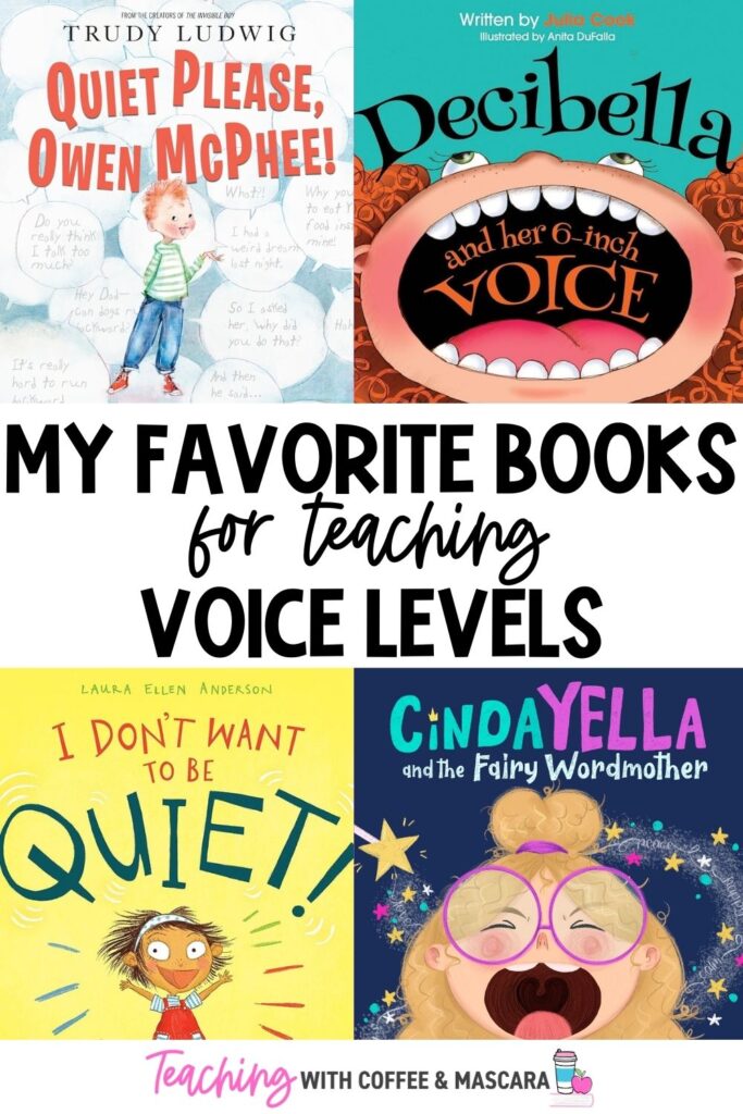title: My favorite books for teaching voice levels with pictures of 4 books