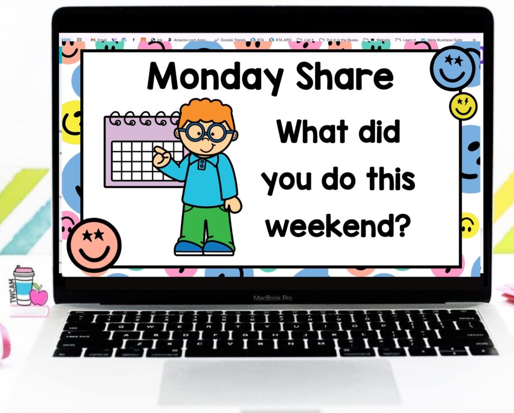 morning meeting slide that says Monday Share what did you do this weekend?