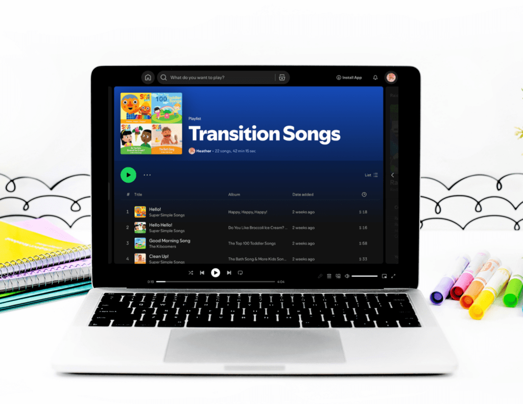a computer with a Spotify playlist that says Transition Songs