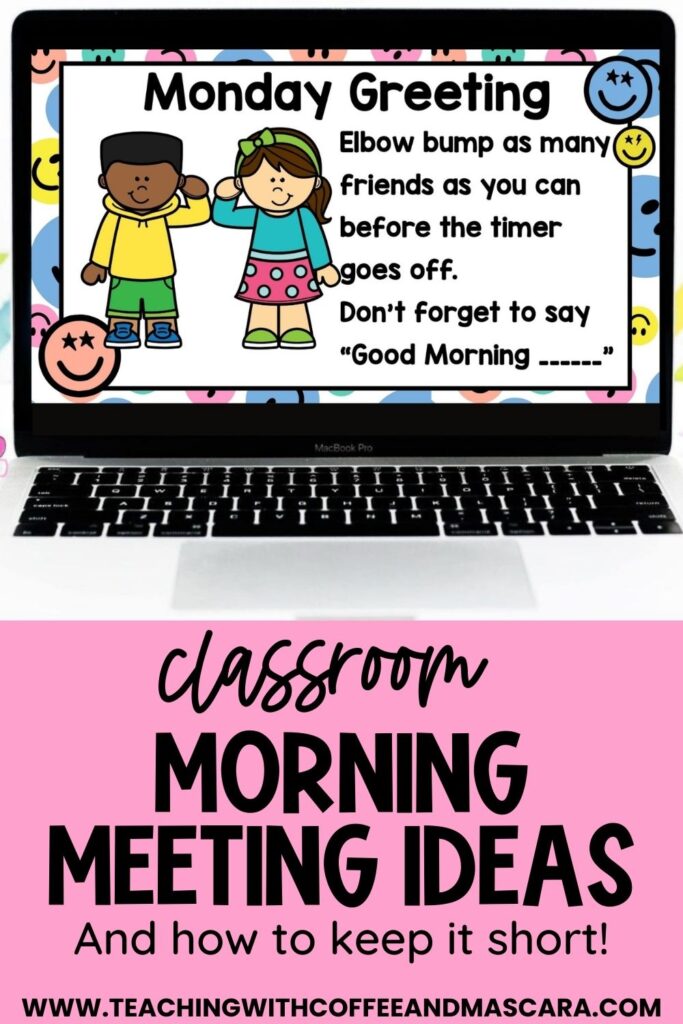 a computer with a slide that says Monday Greeting.  It shows two children elbow bumping.