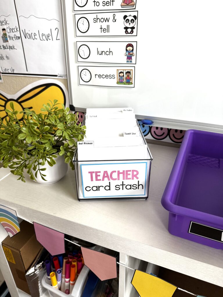 bin that says Teacher Card Stash with dividers and cards