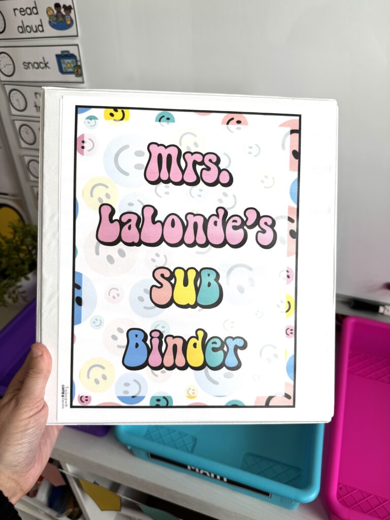a binder that says "Mrs. LaLonde's Sub Binder"