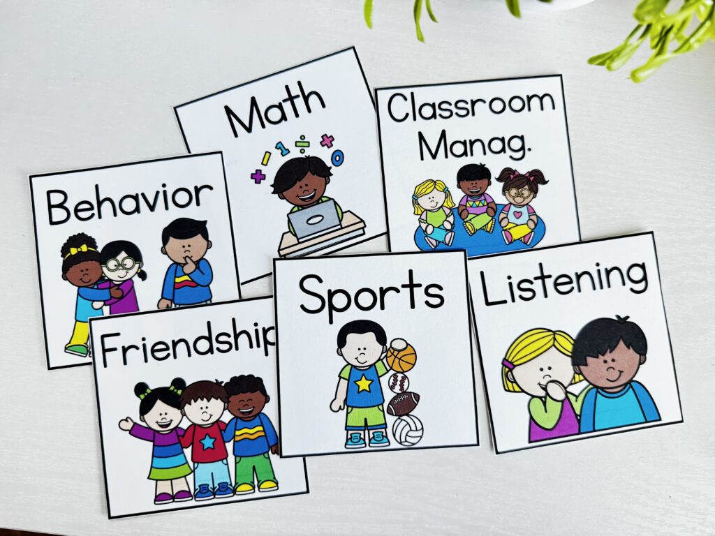square labels that have a picture that match the word above it.  Like Friendship and a photo of friends.