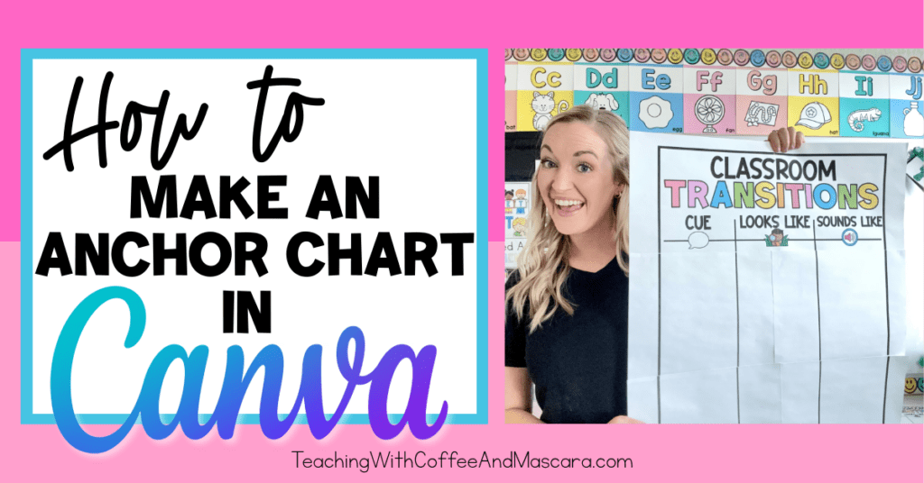 holding a large anchor chart with the words "how to make an anchor chart in canva" off to the side