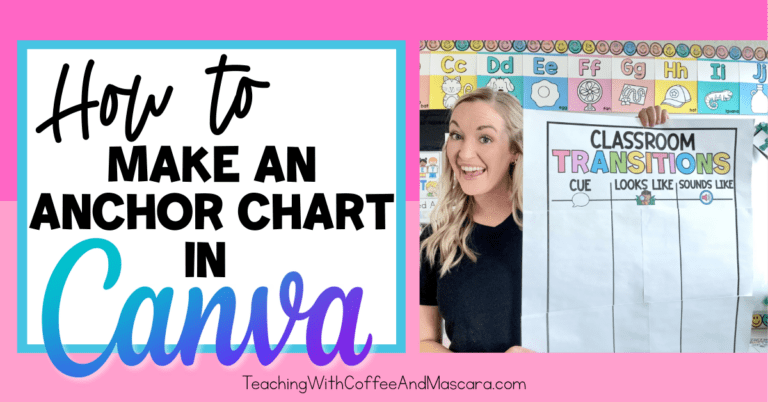 holding a large anchor chart with the words "how to make an anchor chart in canva" off to the side