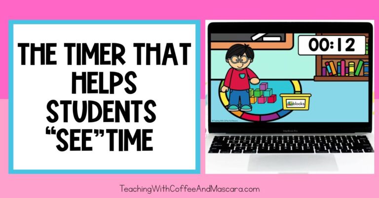 a timer on a computer with a boy cleaning up blocks. The text says a timer that helps students see time