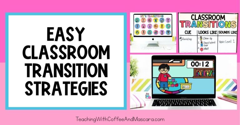 says easy classroom transition strategies. then there are three photos, 1. a visual timer, 2. clickable transition links, 3. a classroom transitions anchor chart