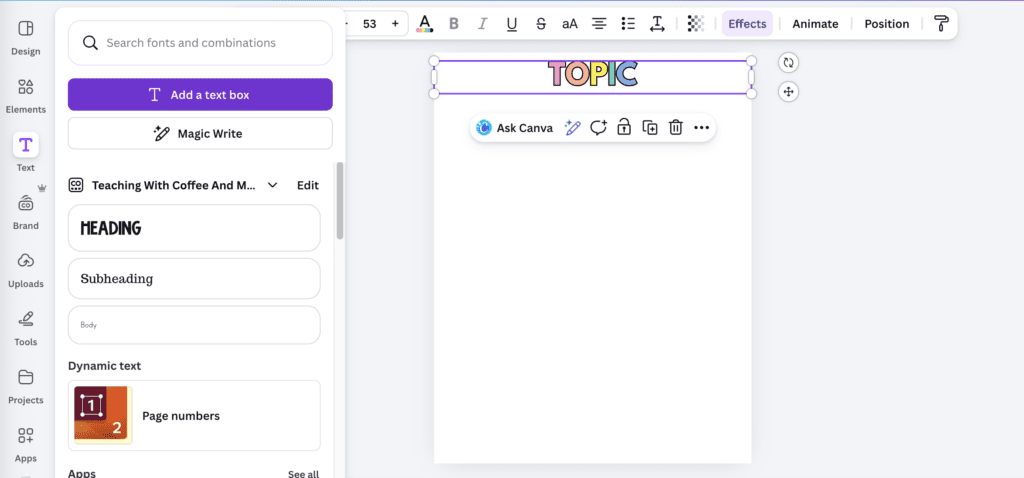 shows adding a text box in canva. The word topic is featured across the top of the page