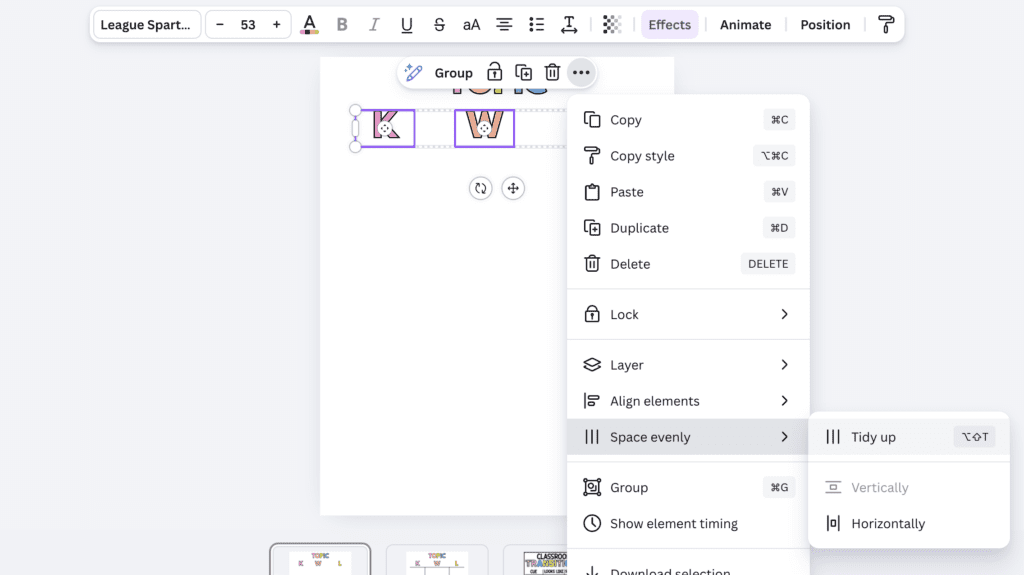 Shows clicking the tidy up feature inside of canva