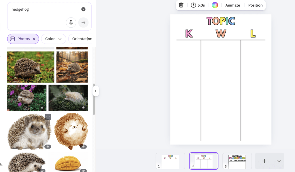 shows anchor chart on canva with the word topic at the top, and under that a column with K, a column with W, and a column with L