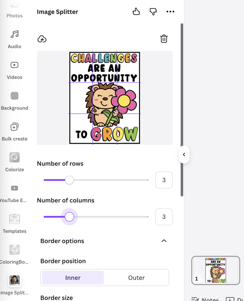 Canva image splitter app with number of rows set to 3 and number of columns set to 3