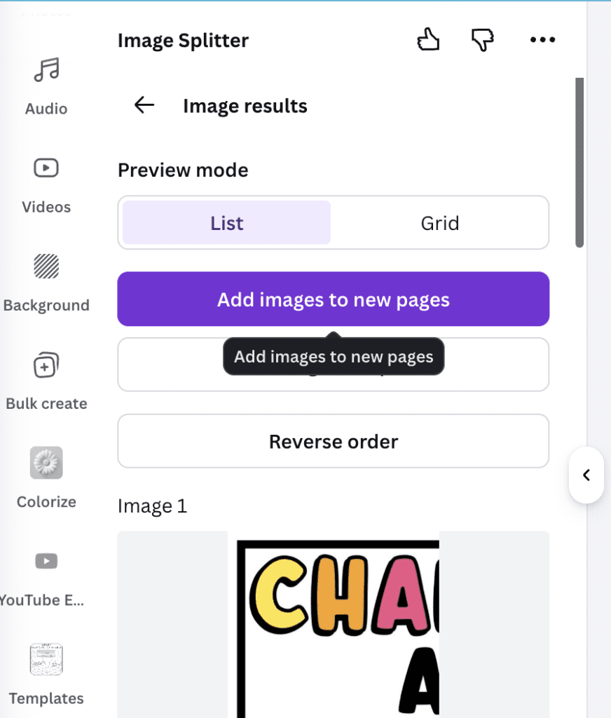 Canva with Add Images to New Pages chosen so that it will put your poster across multiple pages