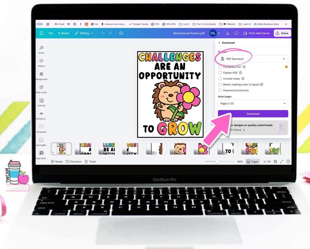 Canva with the right share button clicked, file type PDF Standard