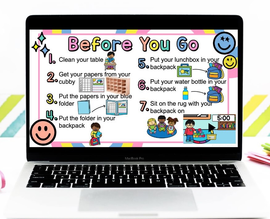 a slide on a computer that is titled "Before you go" with 7 steps.  Step 1. clean your table, step 2. get your papers from your cubby, step 3 put your papers in your blue folder, step 4 put your folder in your backpack, step 5 put your lunchbox in your backpack, step 6 put your water bottle in your backpack, step 7 sit on the run with your backpack on. For dismissal routine.