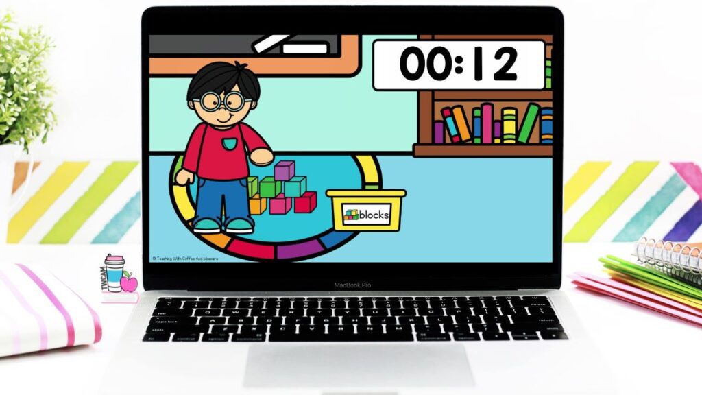 a timer on a computer showing a boy cleaning up blocks with 12 seconds left on the time
