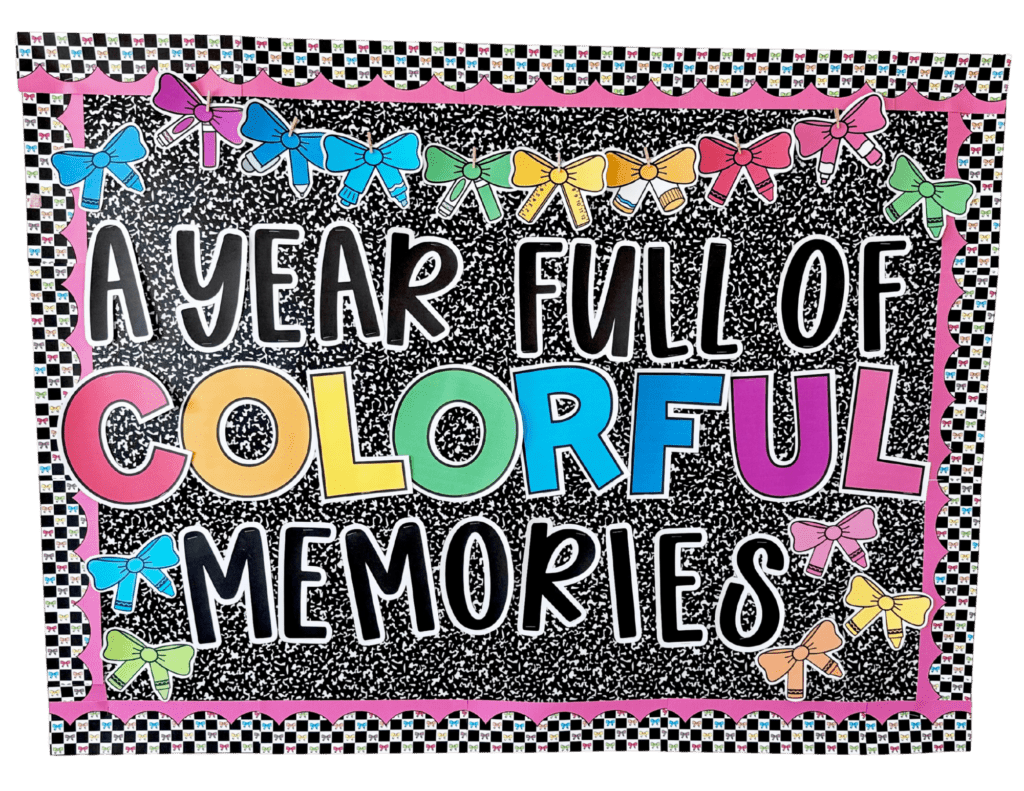 a bulletin board that says "a year full of colorful memories" with bows made from school supplies