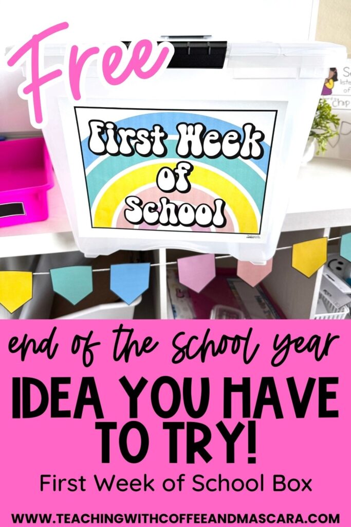 an image of a box with a label that says First Week of School.  Under the photo are words that say end of the school year idea you have to try, first week of school box