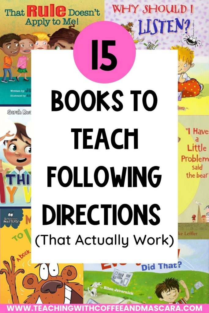 books behind text that says "15 books to teach following directions"