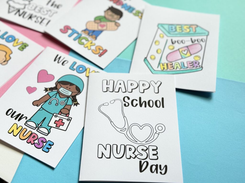 6 cards showing, the front card says Happy School Nurse Day