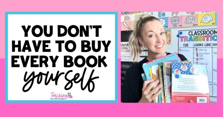 a teacher holding books beside text that reads "you don't have to buy every book yourself"