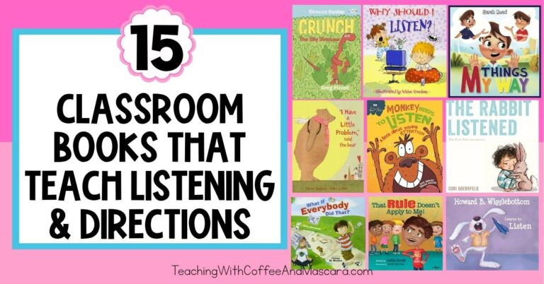 picture books beside words that read "15 classroom books that teach listening and following directions