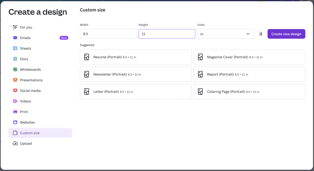 Canva interface showing the custom size selected and units "in", width 8.5 and height 11