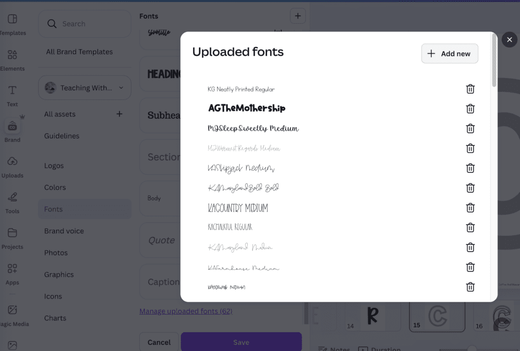 Canva interface showing how to upload a custom font