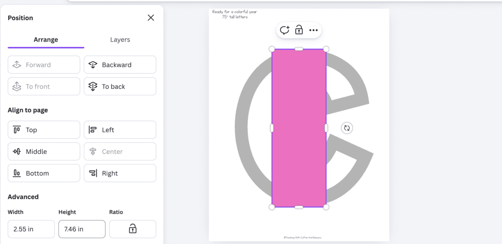 the Canva interface showing bulletin board letters with a rectangle on top showing the height - how to make bulletin board letters