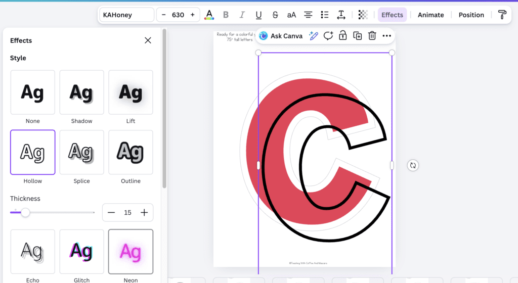 The Canva interface with a third duplicated letter with Hollow chosen in the thickness 15 in the color black