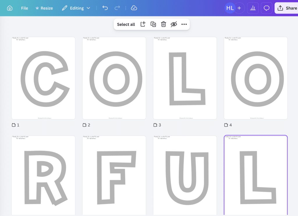 The Canva interface showing having made all the letters you need being made at once.