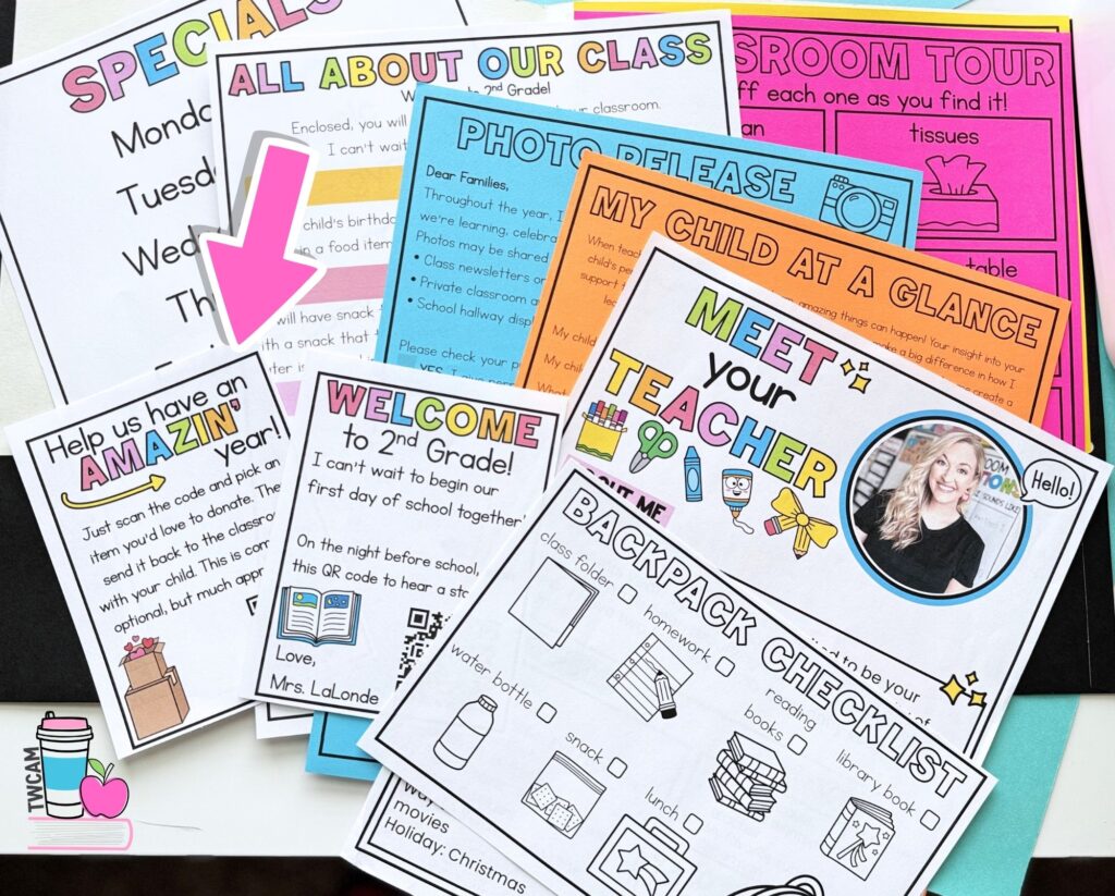 meet the teacher papers with an arrow pointing to one that says "Help us have an Amazin' year"