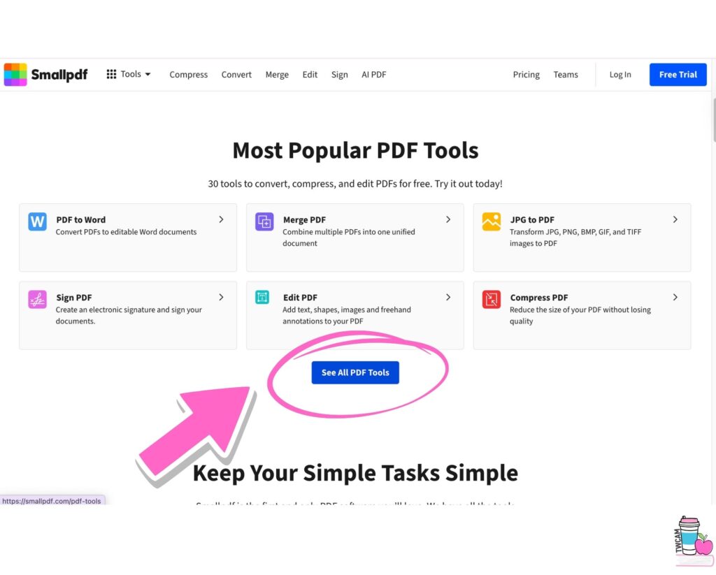 the website smallpdf.com's interface with the person clicking on all tools