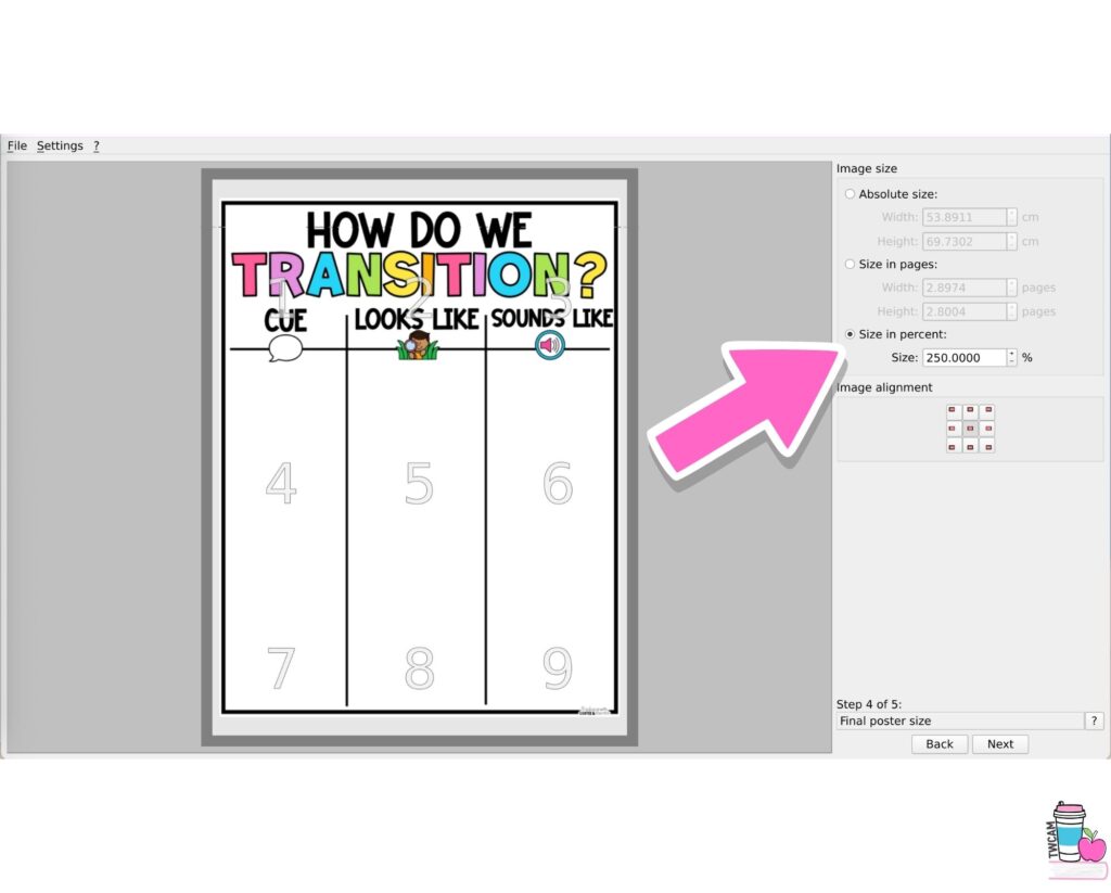 posterazor interface step 4 choose your size in percent or pages.