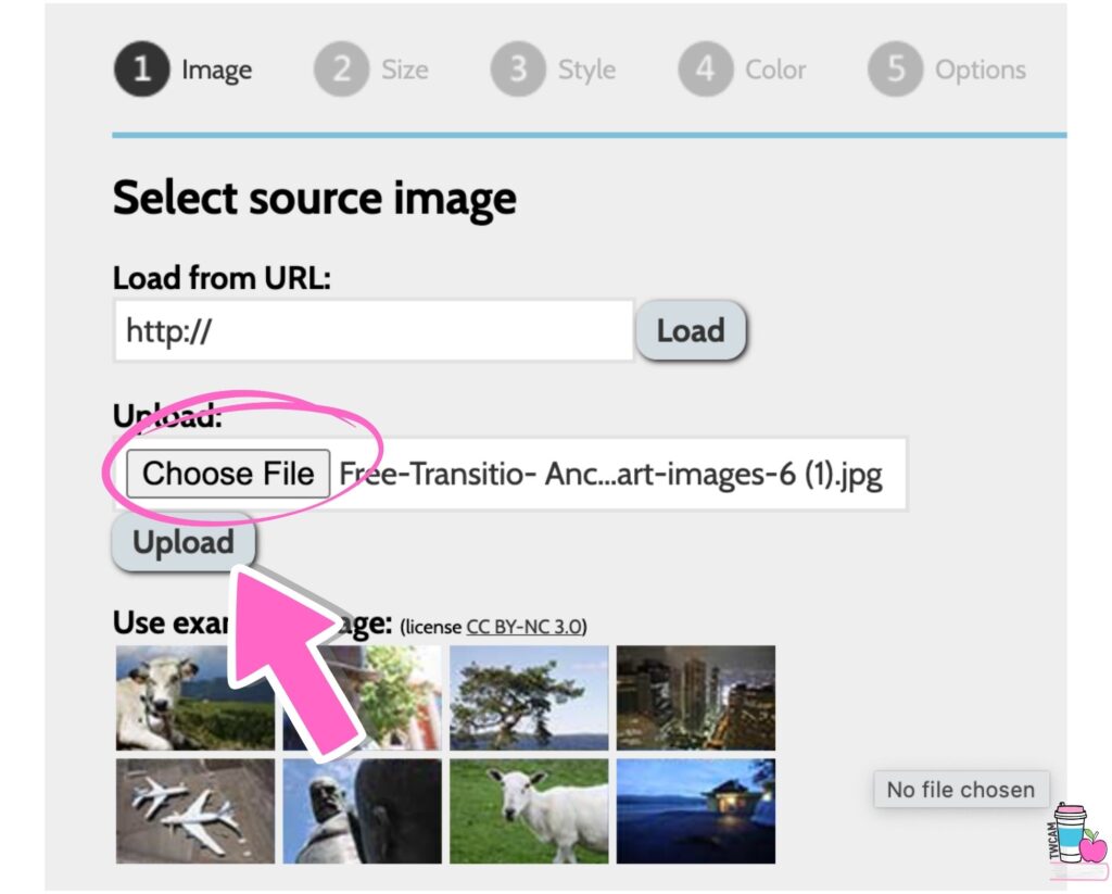 the website rasterbator's interface with the person clicking on Choose File, then clicking Upload