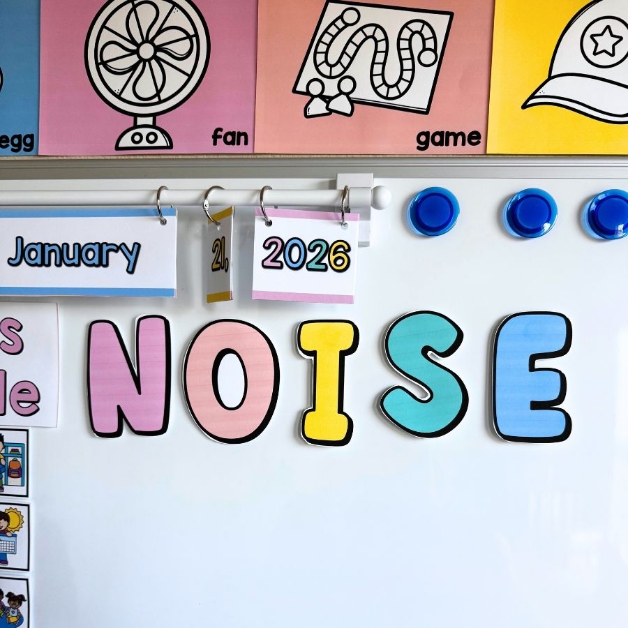 a teacher white board with letters that spell out the word noise