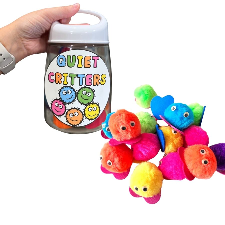 a jar with a label that says "quiet critters" with little pom pom critters surrounding it