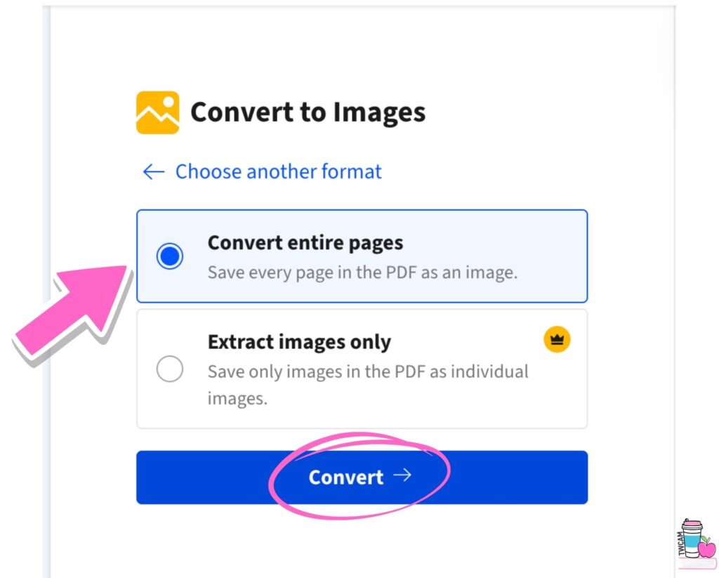 the website smallpdf.com's interface with the person clicking on convert entire pages, then the button convert