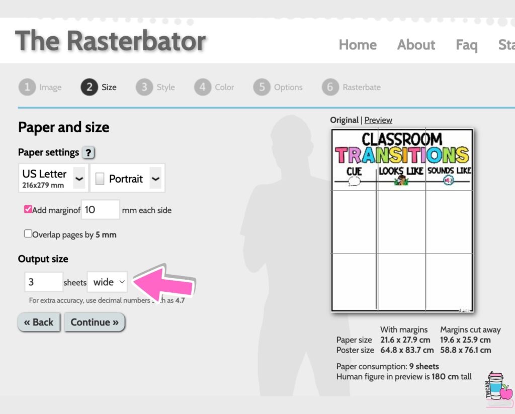 the website rasterbator's interface with the person changing the Output size to 3 sheets wide
