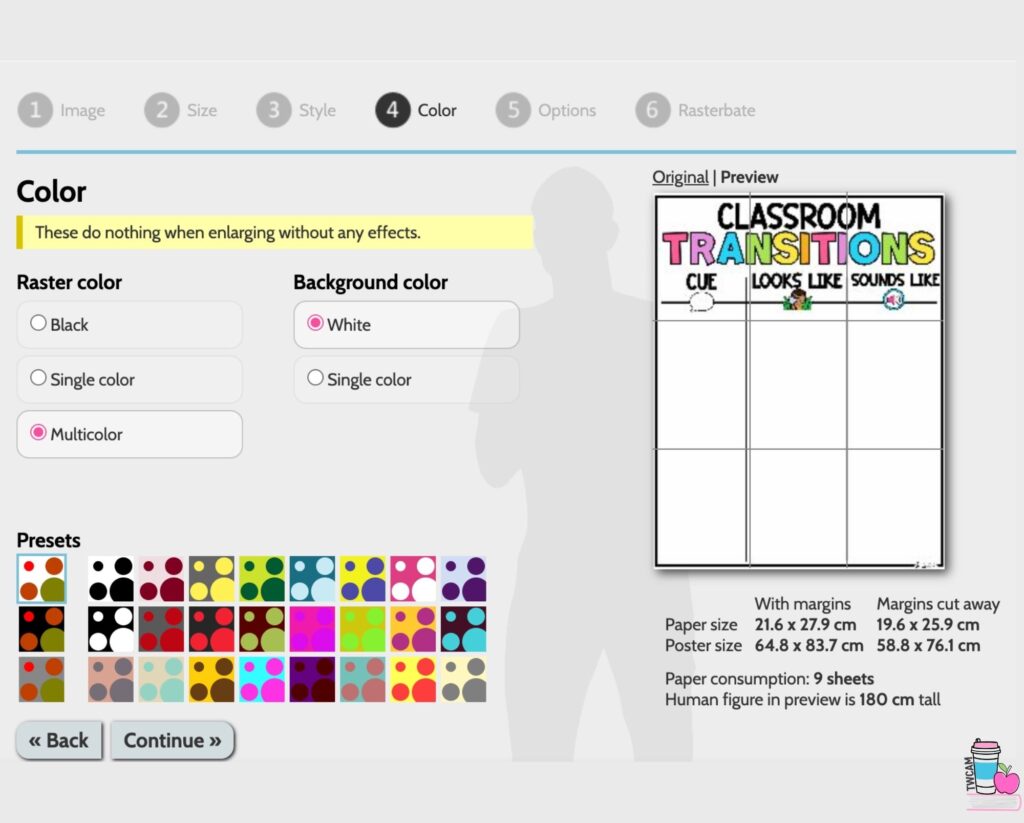 the website rasterbator's interface with the person choosing the Raster color and Background color