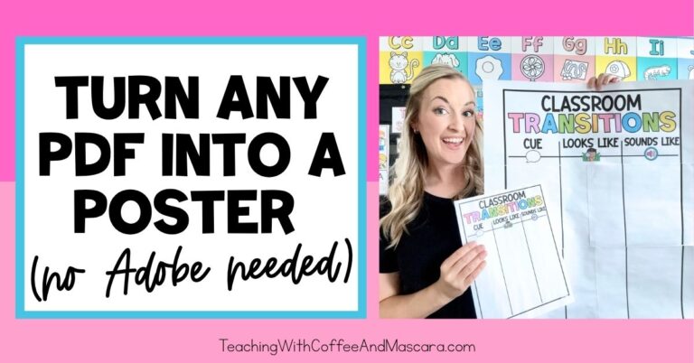 a teacher holding a small anchor chart and a poster size anchor chart showing how to print a poster at home