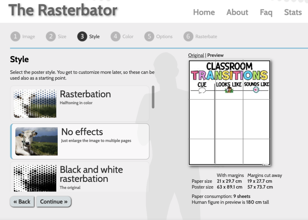 the website rasterbator's interface with the person changing the style to No effects